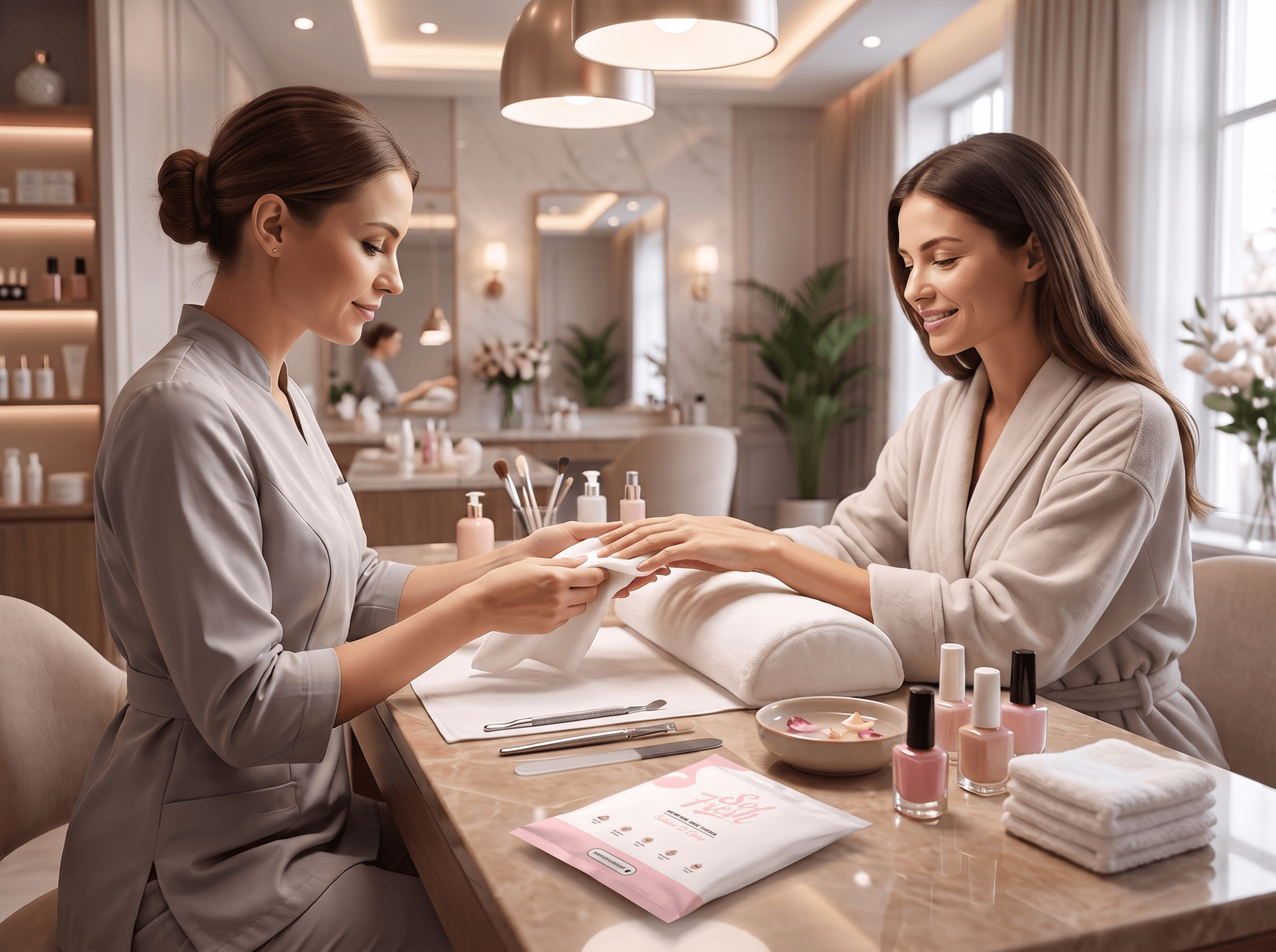 A beauty therapist wiping a client’s hand during a manicure