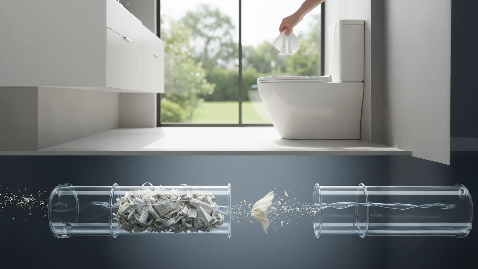 Wipes being flushed above a cross-section showing a blocked pipe